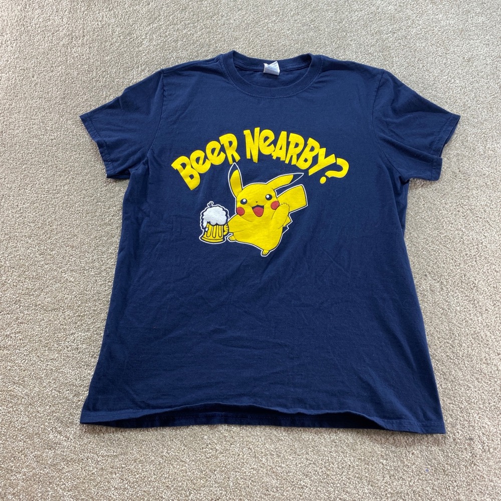 Gildan Shirt Mens Medium Blue Beer Nearby Pikachu Pubcrawl Go‎ 2016 Graphic Tee